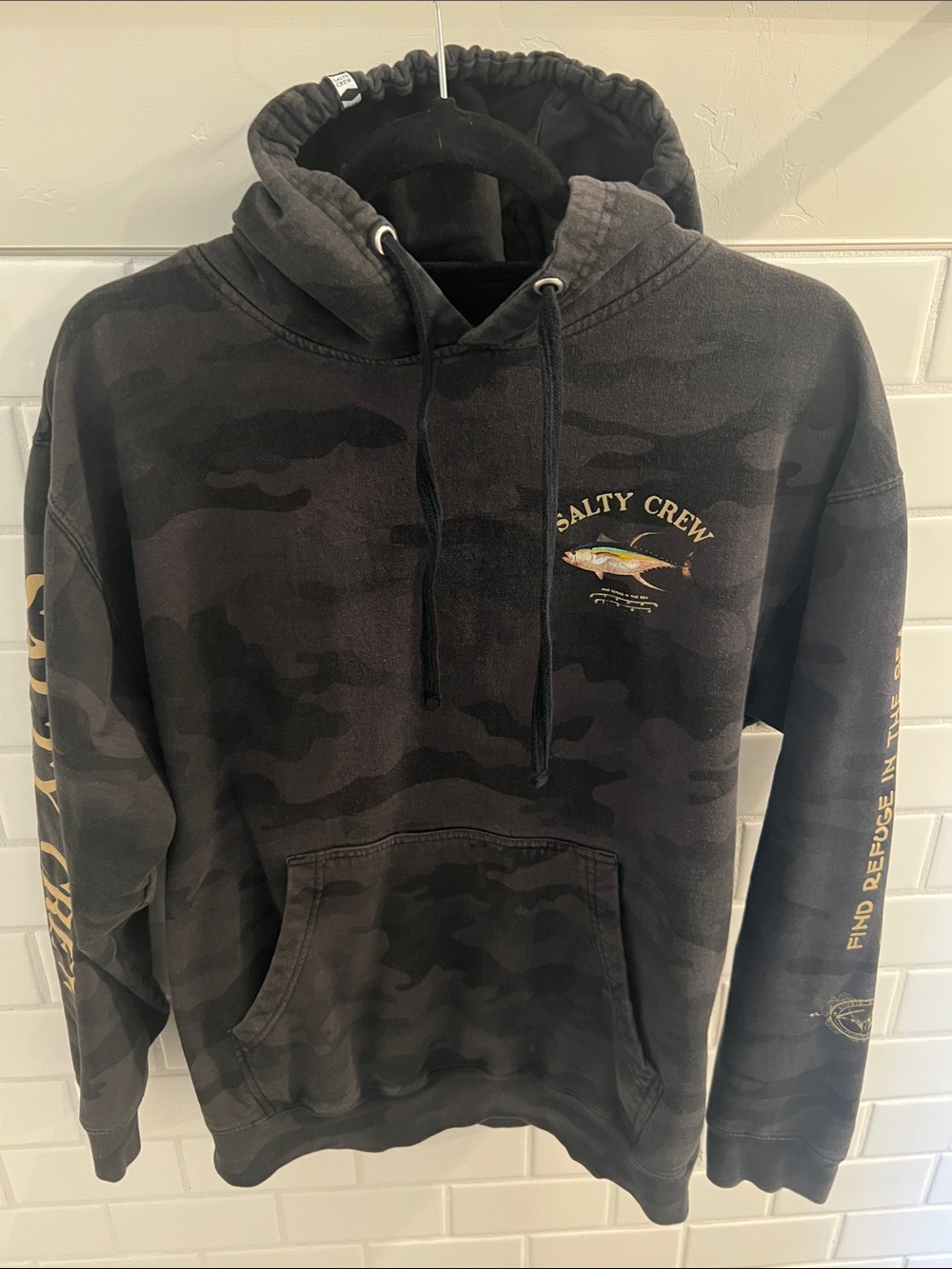 Salty Crew Men’s Black Camo Hoodie with Yellow Logo